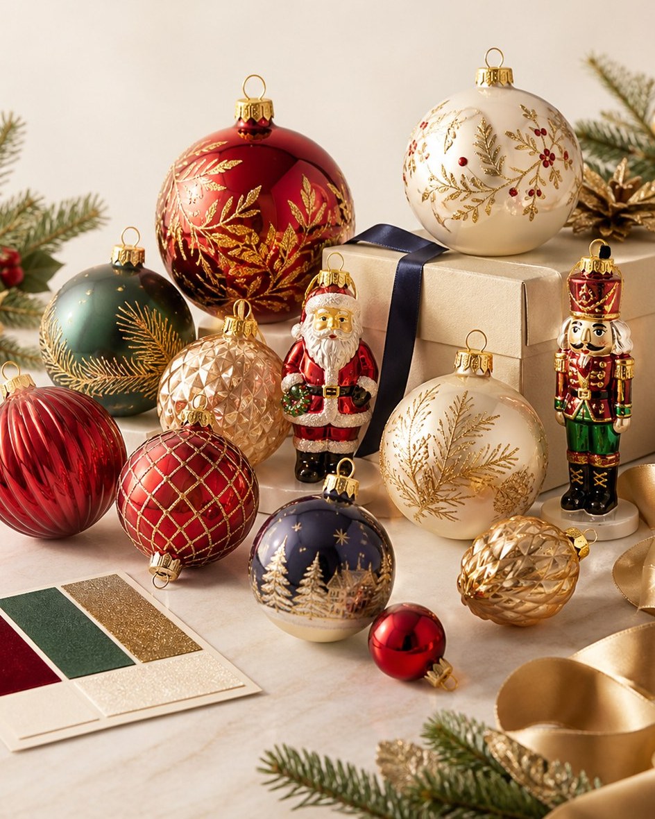 Curated holiday ornament samples with packaging and color swatches